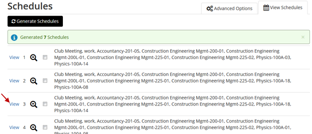 Screen shot of the generated class schedules in the Class Sc