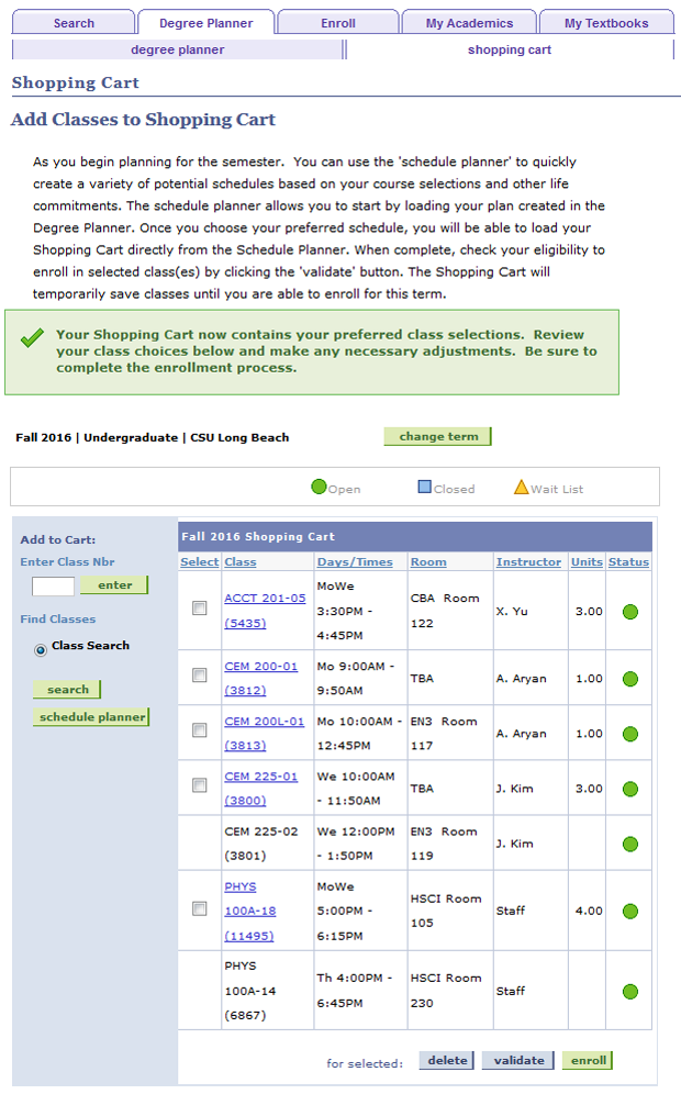 Screen shot of the Shopping Cart tab in Degree Planner, show