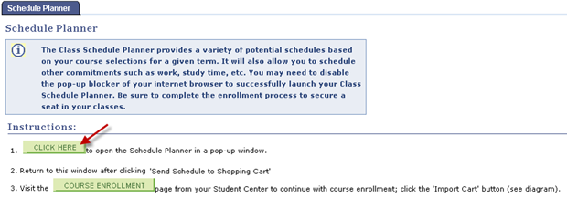 Screen shot of the Schedule Planner launch page, showing the