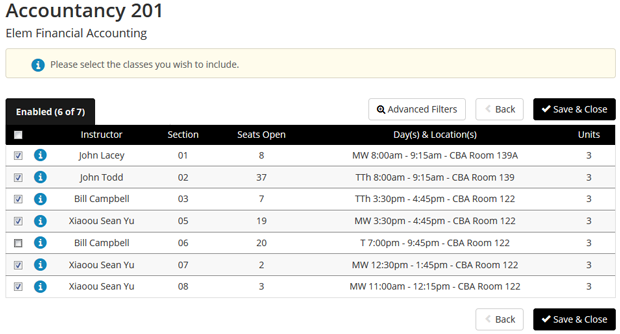 Screen shot of a course displaying all scheduled sections