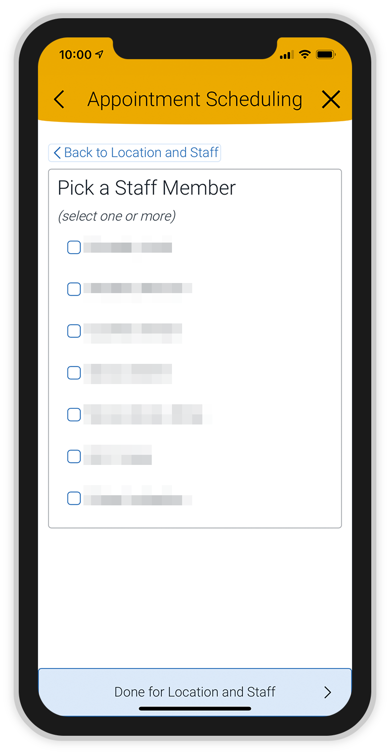 Screenshot of staff selection page