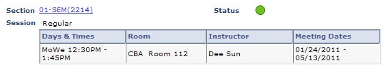 screen shot of class section information