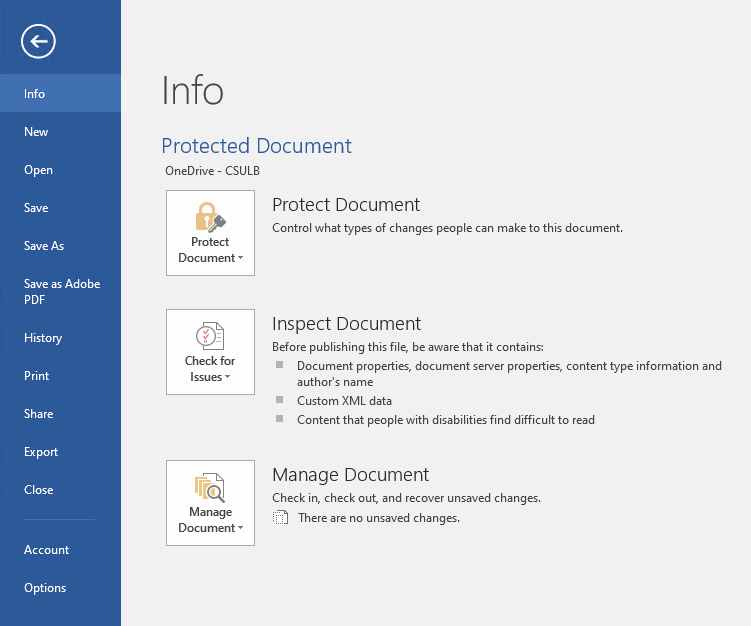 Info menu in Microsoft Word for Windows