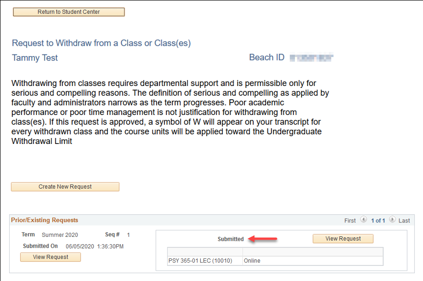 Screenshot of the withdrawal status summary page