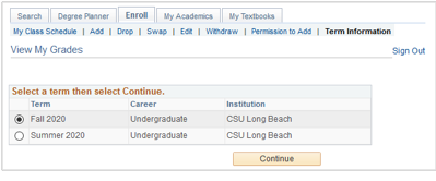 Screenshot of the View My Grades term selection page