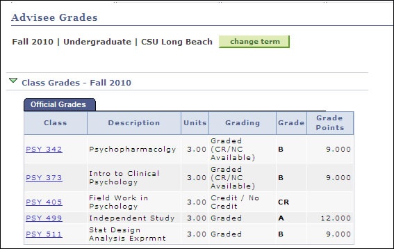 advisee grades term select page