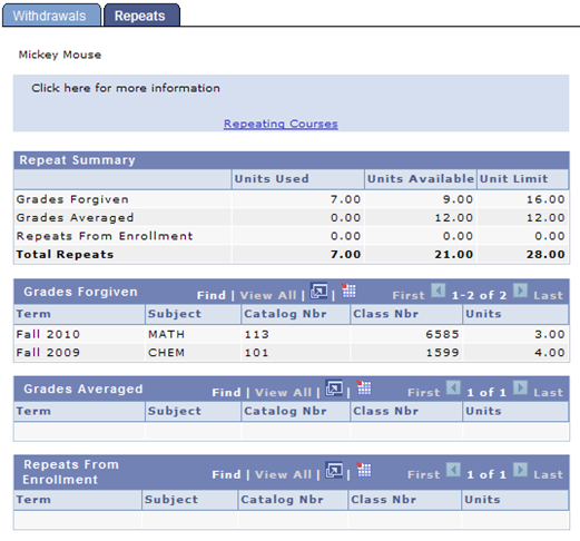 Screen shot of the Repeats page in the Student Center