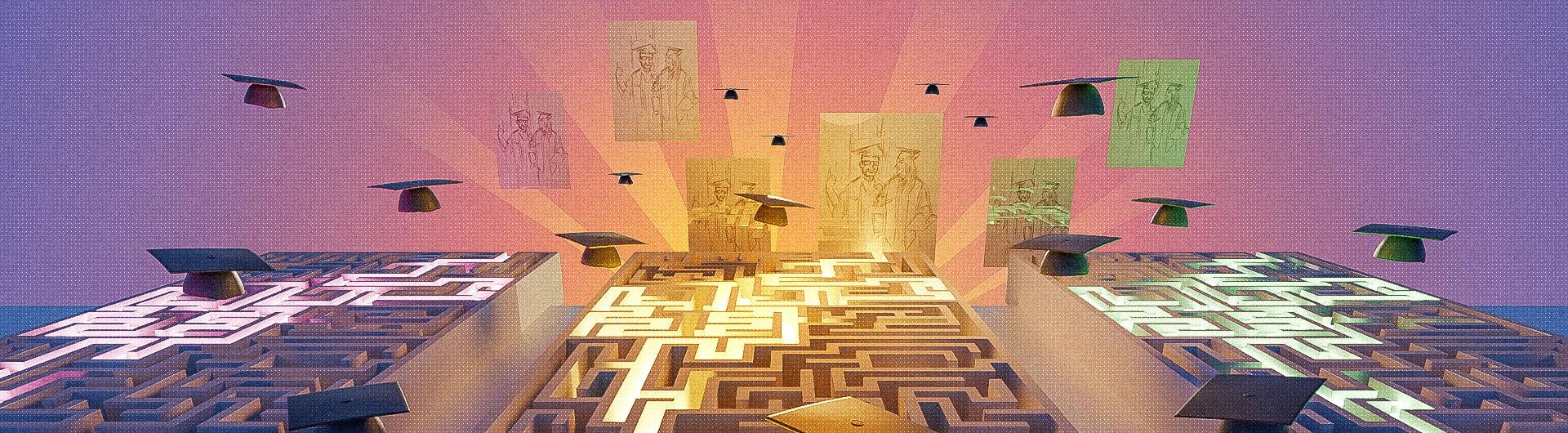 An illustration with drawings of graduates appearing with images of graduation caps and mazes An illustration with drawings of graduates appearing with images of graduation caps and mazes with illuminated pathways