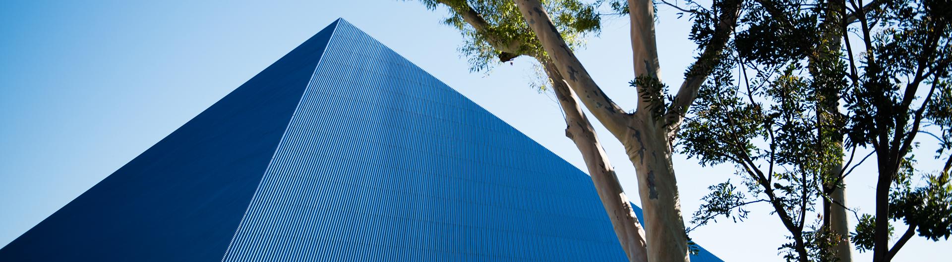 The Walter Pyramid at California State University, Long Beach Blue pyramid-shaped building with a tree in the foreground against a clear blue sky.