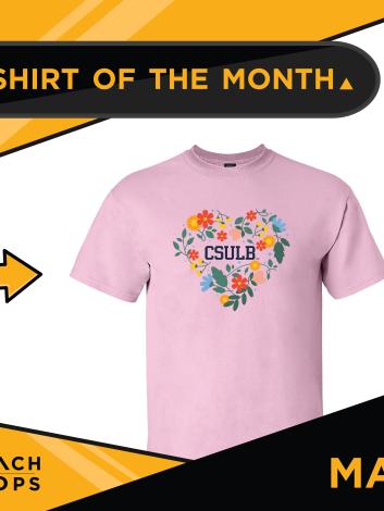 Shirt with flowers in a heart shape and the letters CSULB in the middle. 