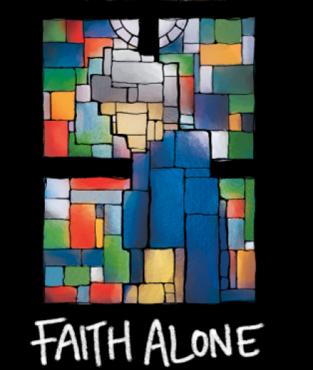 Faith Alone Film Banner, stain glass window of church