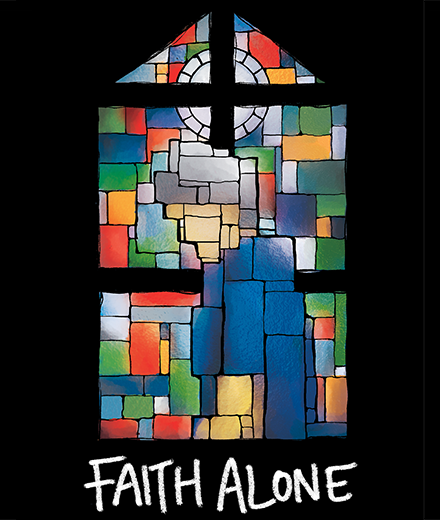 Faith Alone Poster, stain glass window of church