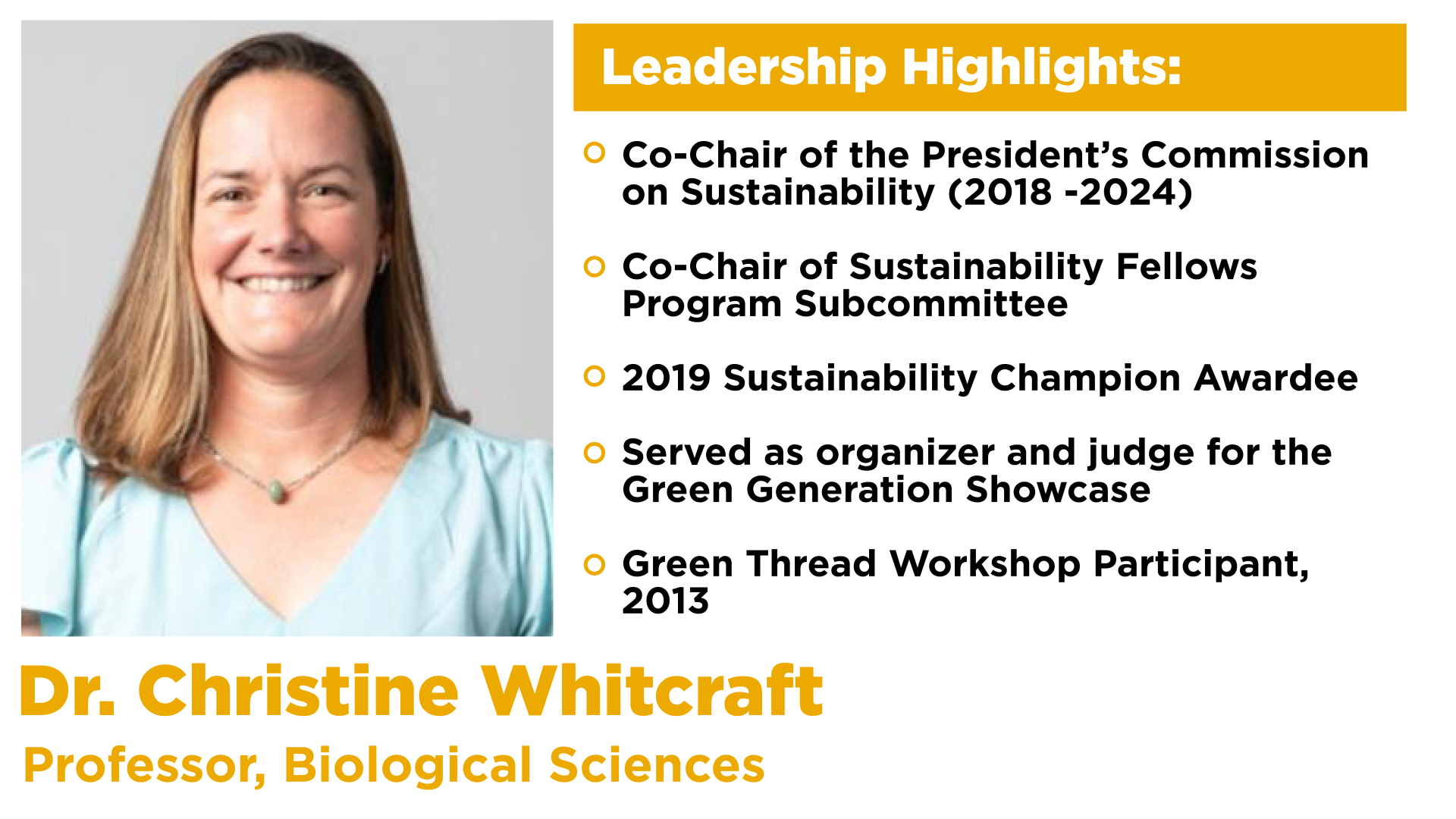 Dr. Christine Whitcraft with a list of her leadership highlights