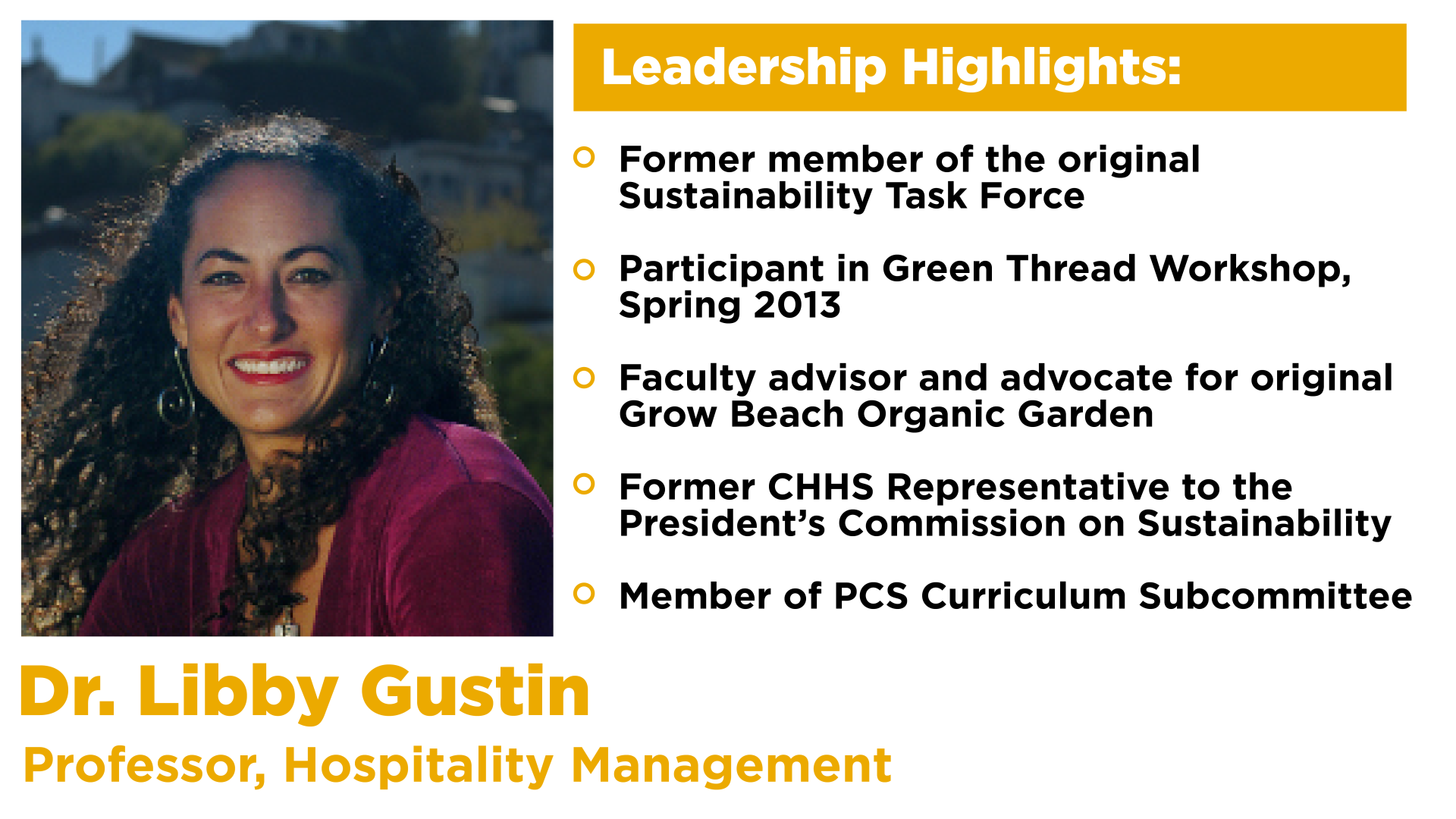 Dr. Libby Gustin with a list of her leadership highlights