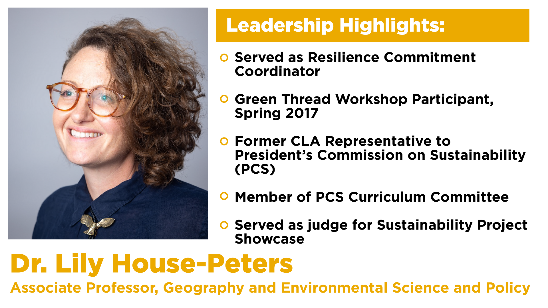 Dr. Lily House-Peters with a list of her leadership highlights