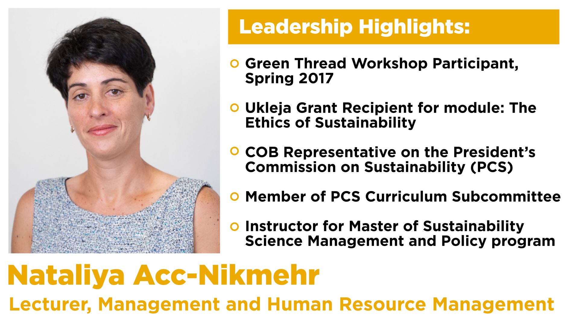 Nataliya Acc-Nikmehr with a list of her leadership highlights