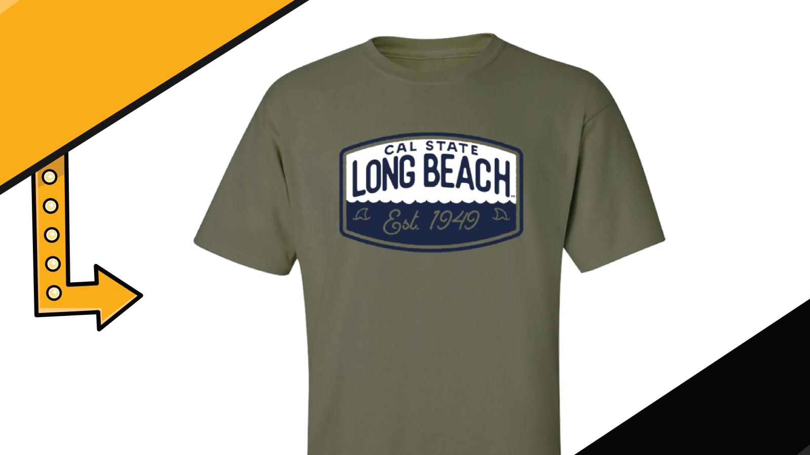 An olive green shirt with a CSULB logo on it with blue waves and two shark fins in the water. 
