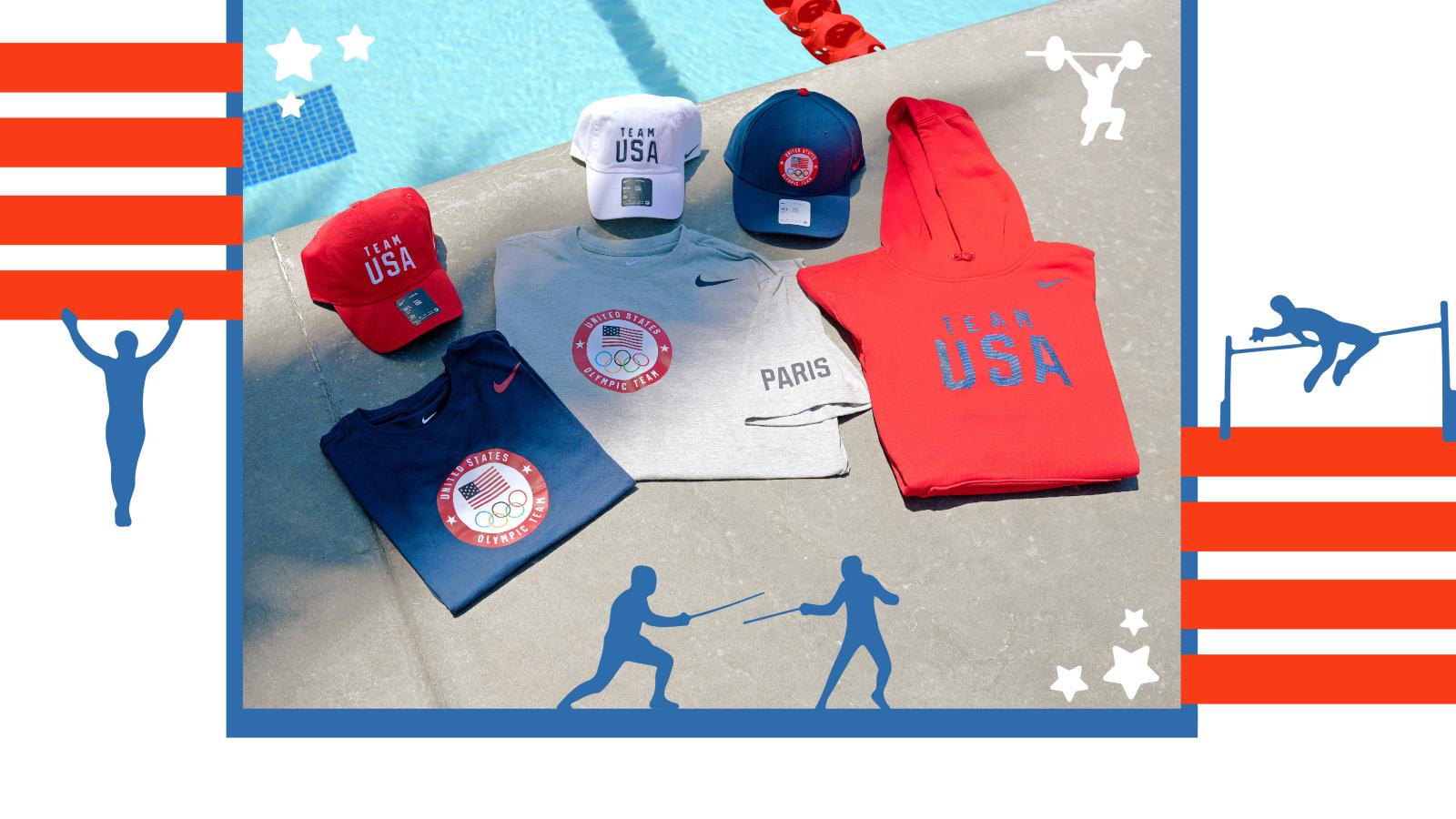 Team USA clothing merchandise on the concrete floor next to an olympic pool. 