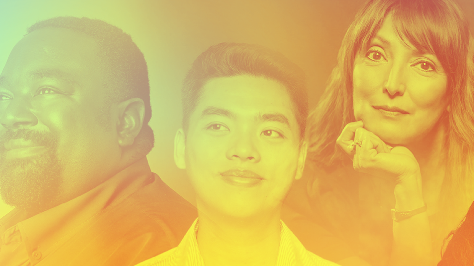 A horizontally-oriented image with a multi-colored overlay showing four CSULB alumni who earned master's degrees
