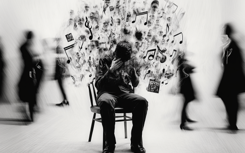 Black and white illustration of a man sitting on a chair, hunched forward, covering his face. Surrounding him are swirling musical notes and floating faces, while indistinct figures walk by in the background, conveying sensory overload.