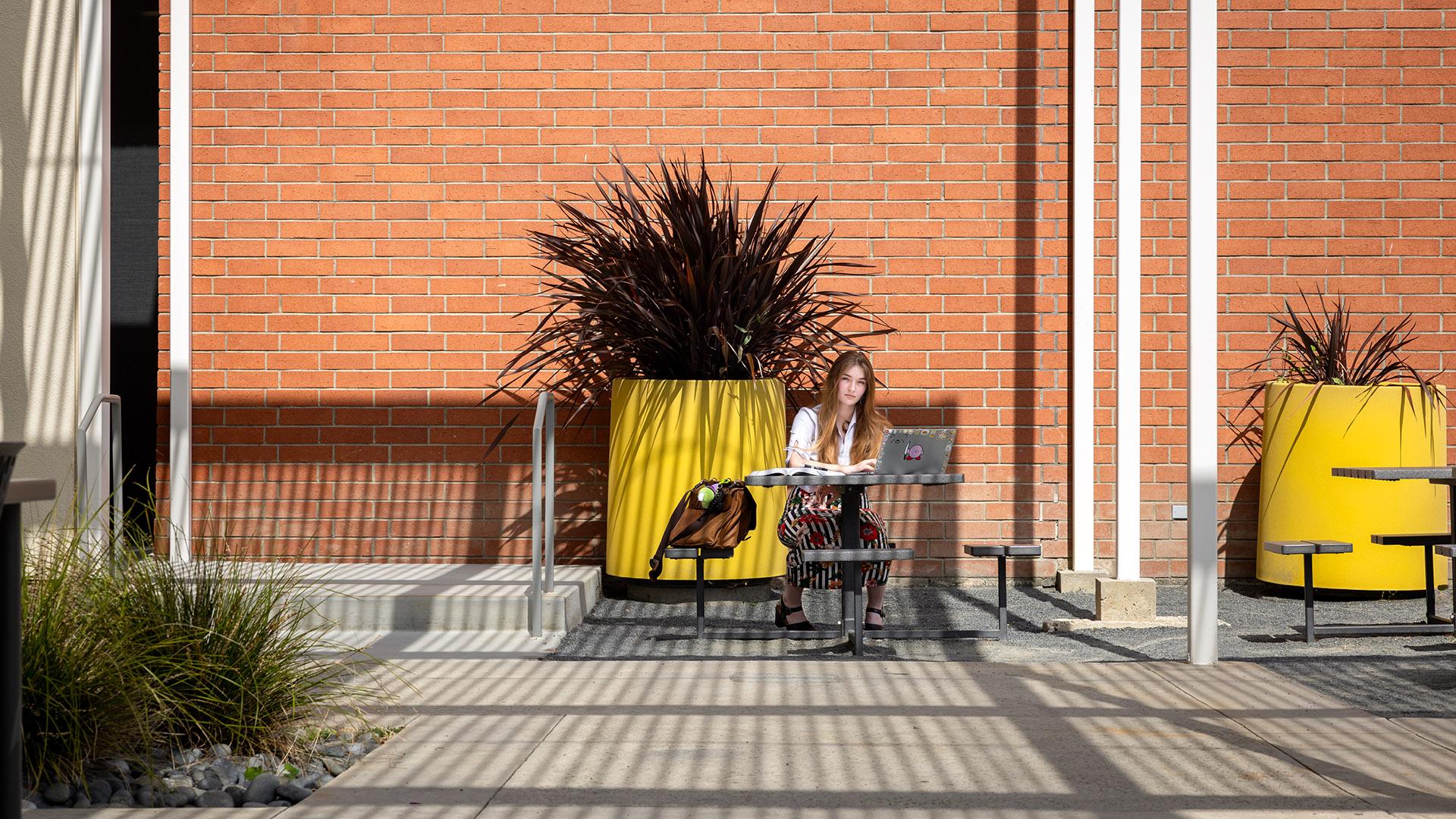 Katrina Watson sits alone at a metal table with a laptop and book, in front of a red brick wall and large yellow planters holding spiky plants.