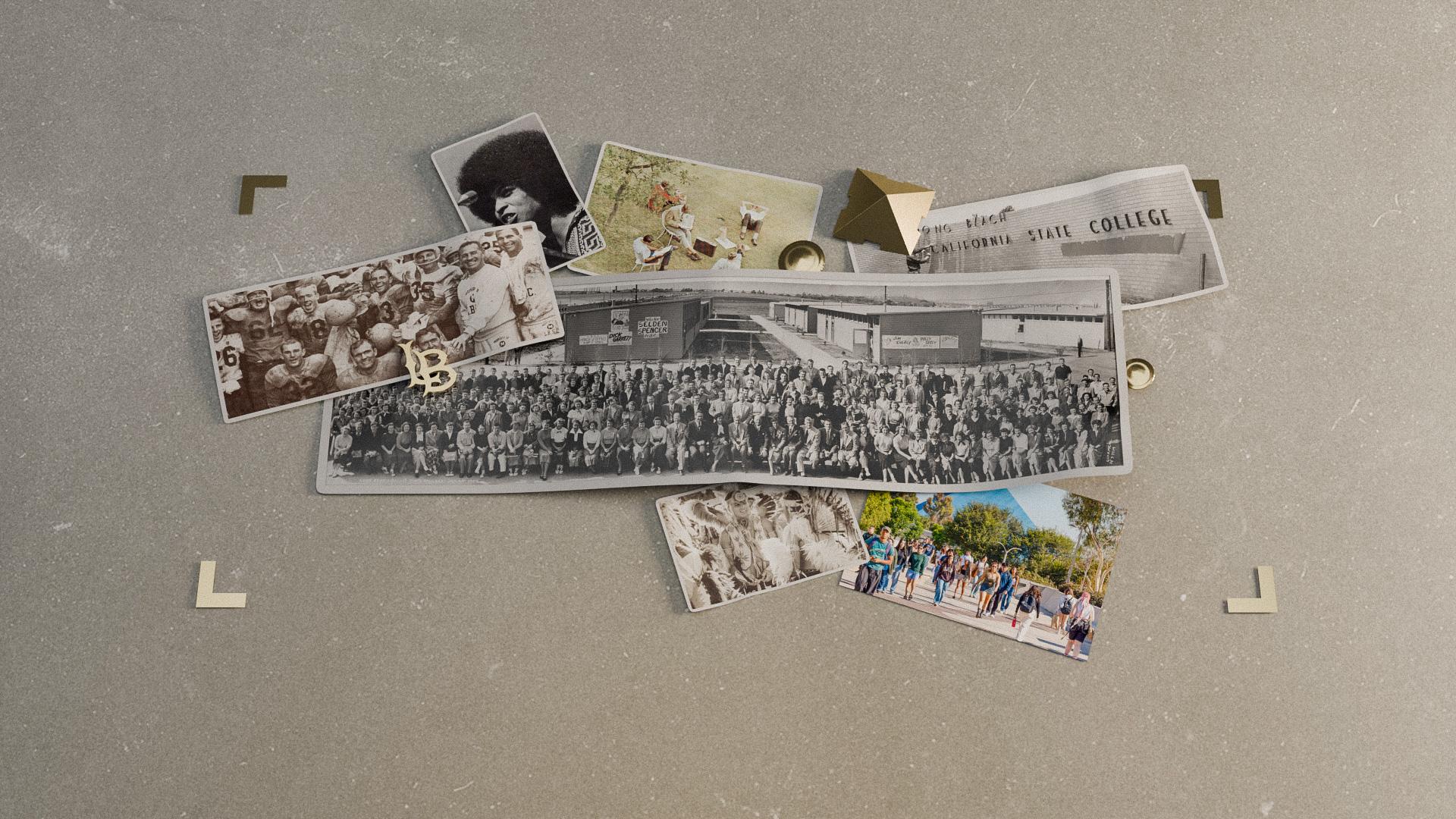 A collection of vintage and modern photos, including black-and-white images of sports teams and large group portraits, a newspaper clipping mentioning California State College, and a color photo of students walking outdoors.