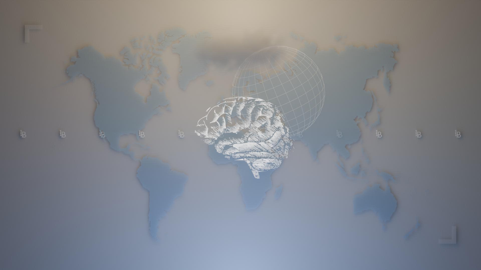 Illustration of a brain and world map to recognize mental health.