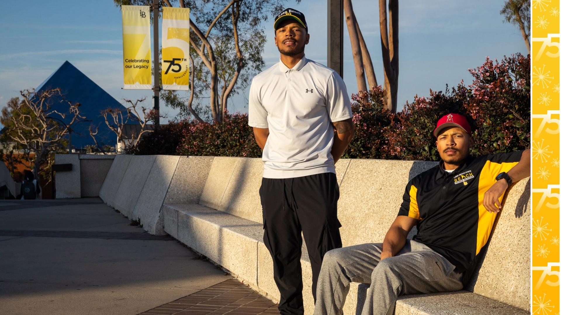 75th Anniversary banner image of Markel and Martel Cooper posing in front of the Pyramid