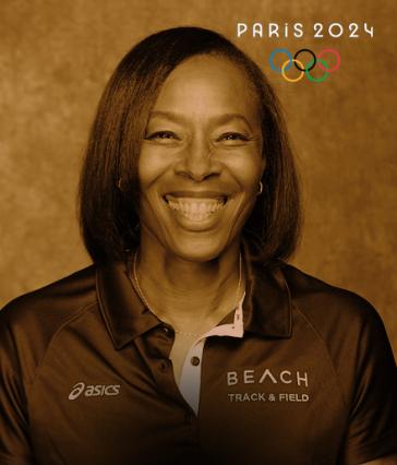 A portrait of Long Beach State head track and field coach LaTanya Sheffield. The phrase "Paris 2024" and the Olympic logo appear in the upper right corner.