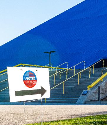 Walter Pyramid with a sign directing viewers to a voting center