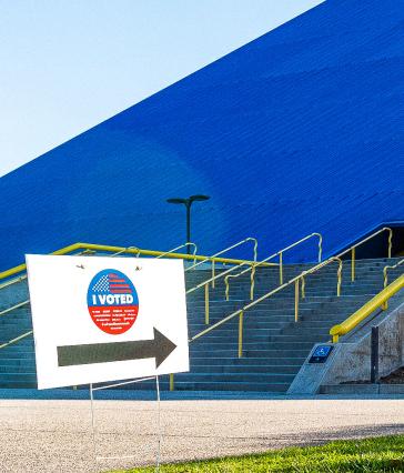 Walter Pyramid with a sign directing viewers to a voting center