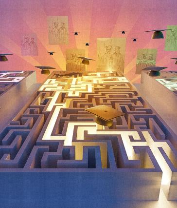 Drawings of graduates appear behind images of floating graduation caps and mazes with illuminated pathways