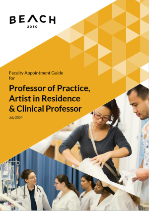 The front page of a document shows faculty members in various settings: One is sculpting pottery and another is instructing medical students in a hospital room. 