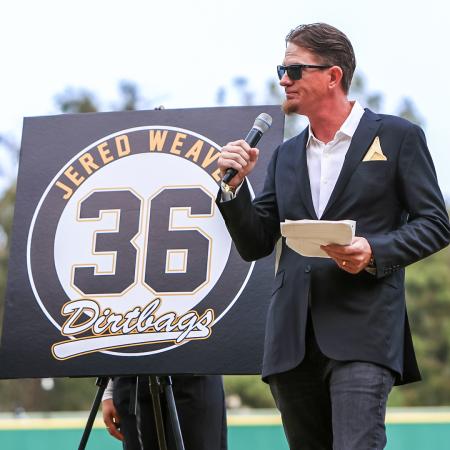 Jered Weaver at a ceremony for the retirement of his Dirtbags jersey