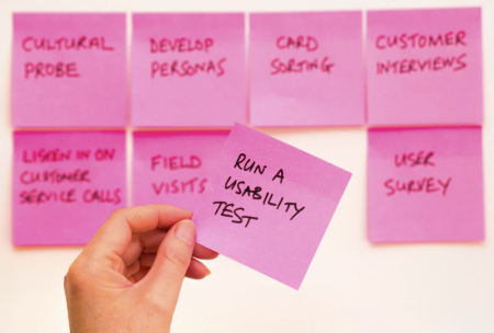 Post it notes with different text on them about usability