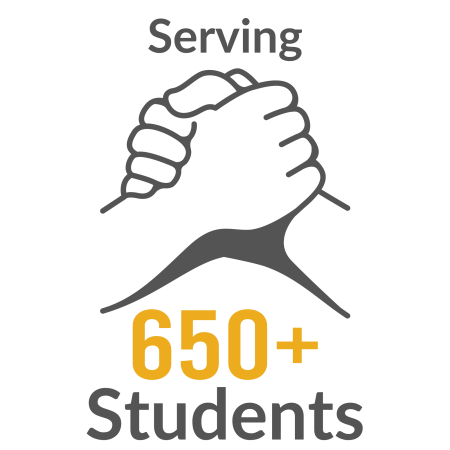 A picture of holding hands with text that reads "serving 650+ students"