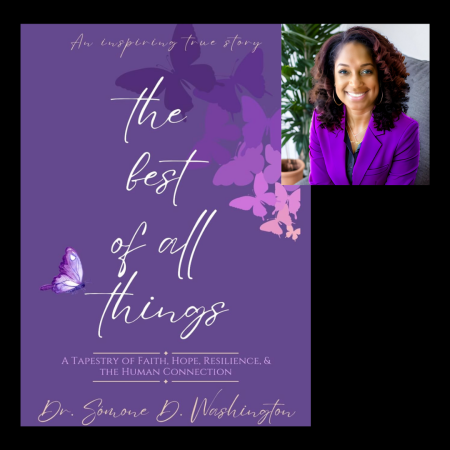 Purple book cover with butterflies, titled "The Best of All Things" by Somone D. Washington, with a photo of the author in a purple blazer smiling.