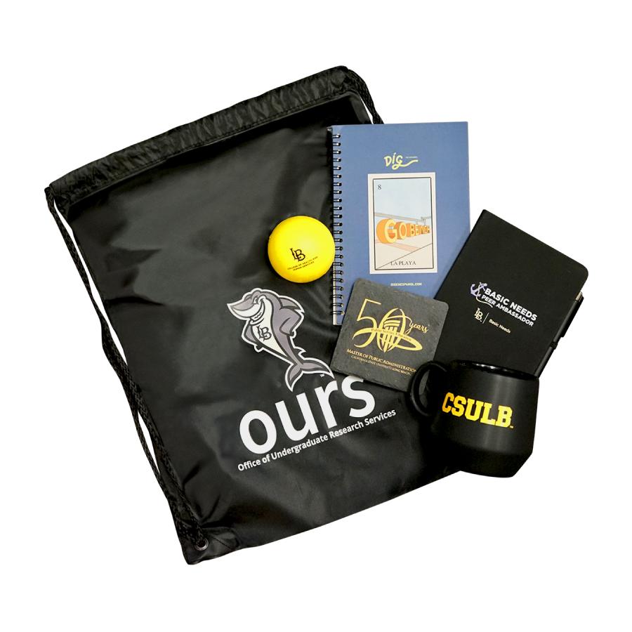 School supplies like bags, mugs, coasters and stress balls with the CSULB logo on them. 