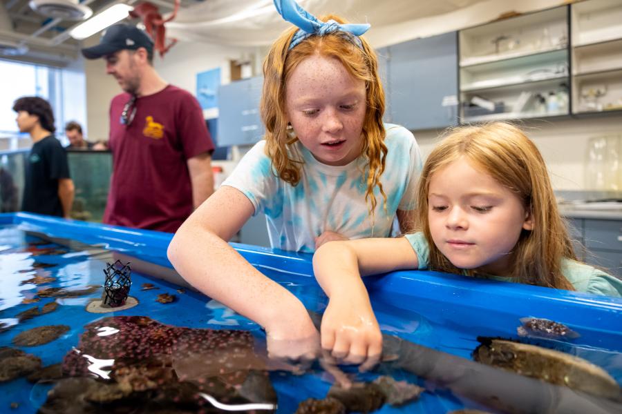 Two girls touch the variety of marine life in a touch tank at CSULB