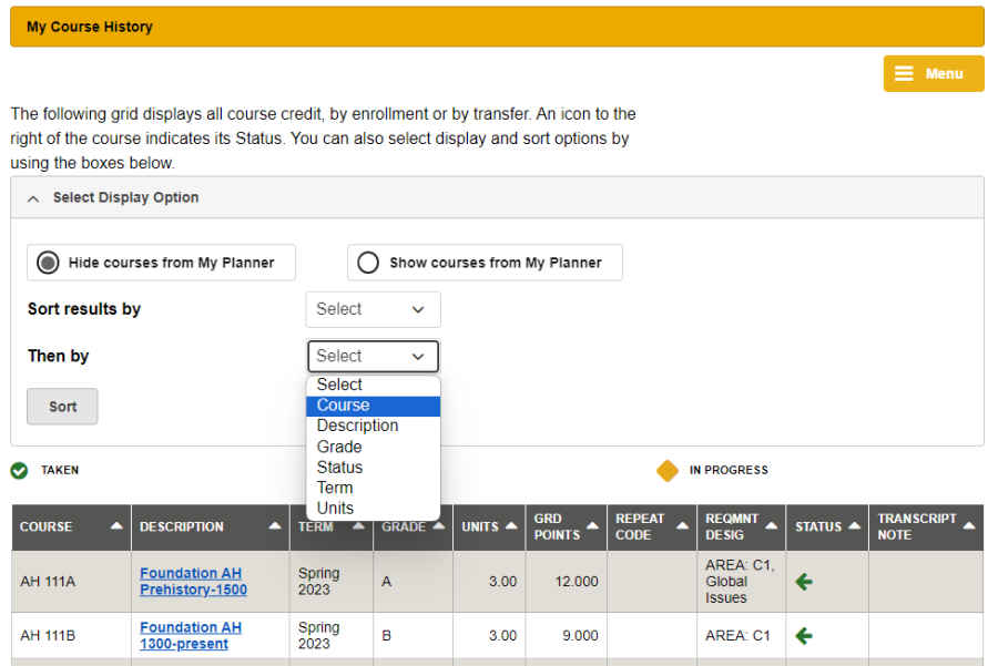 Using Academic History screenshot