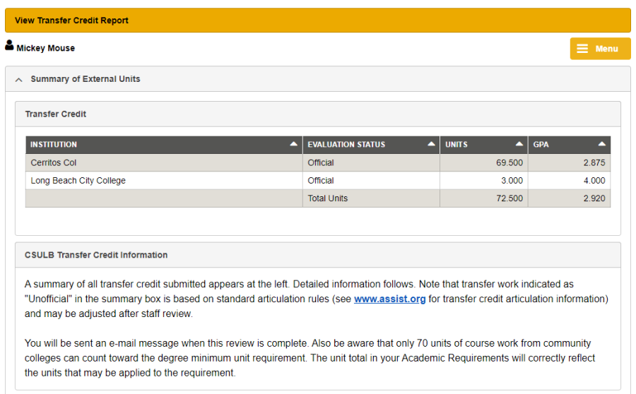 Using Academic History screenshot