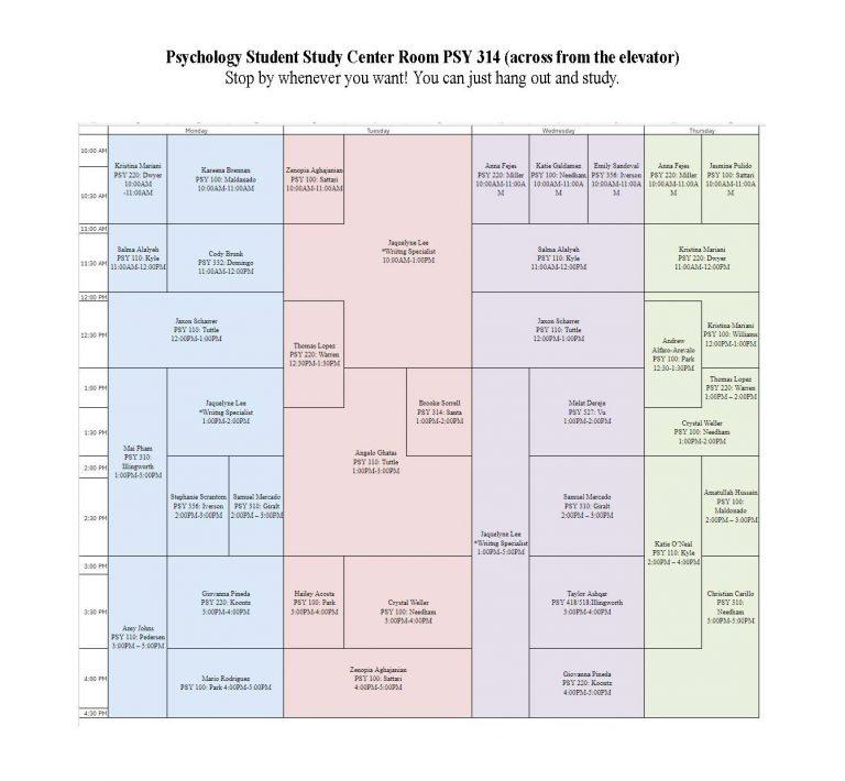 Psychology Student Study Center Schedule FALL 2024