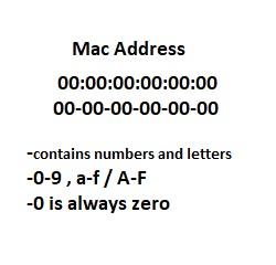 Example of Mac Address 00:00:00:00:00:00 or 00-00-00-00-00-00. Contains numbers 0-9 and letters A-F. 