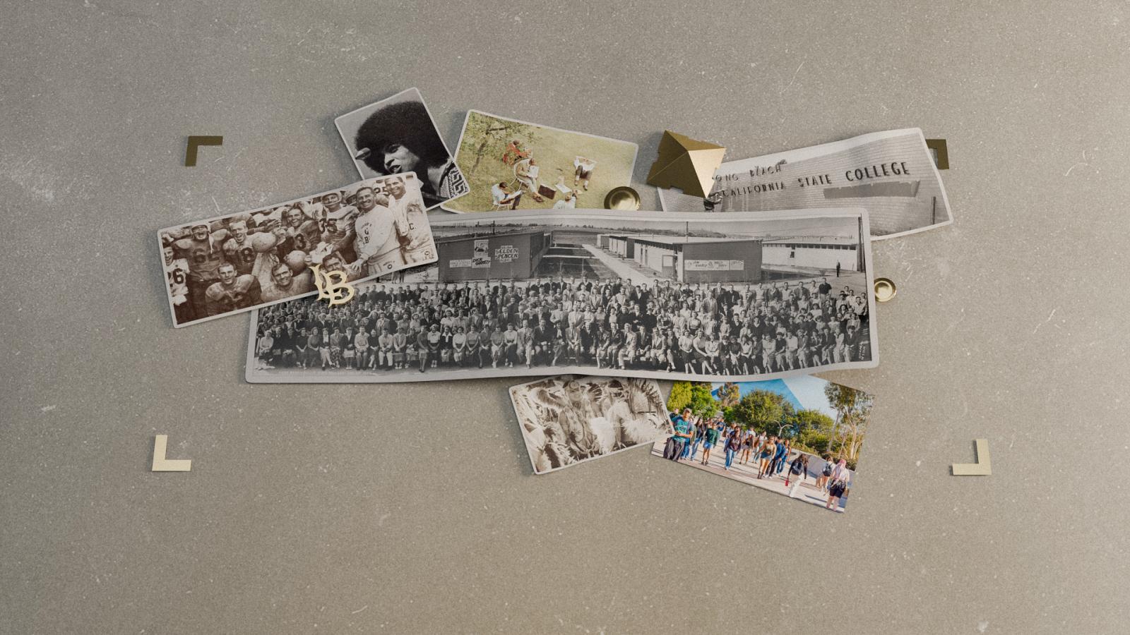 A collage of vintage photos and memorabilia, including a football team, a large group portrait, a student gathering, and a sign reading "California State College."