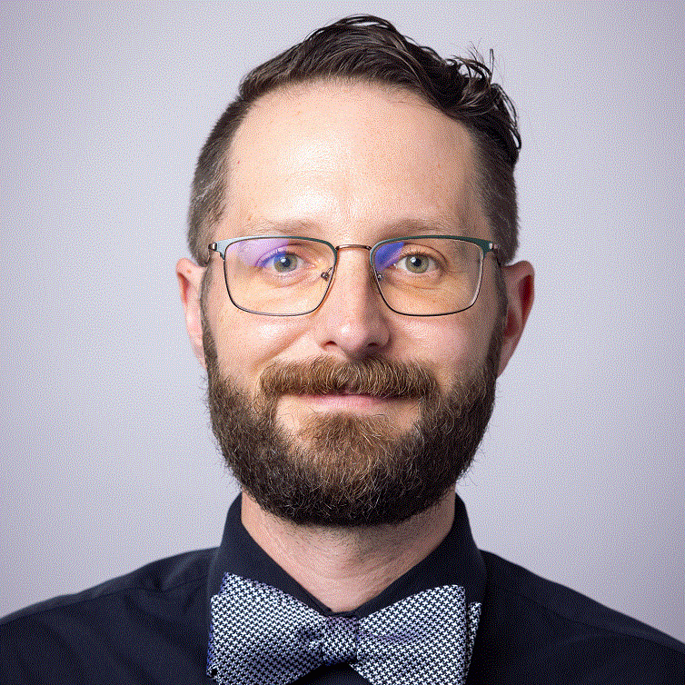 Photograph of Gabriel J. Gardner, bearded Caucasian man wearing a bowtie. 