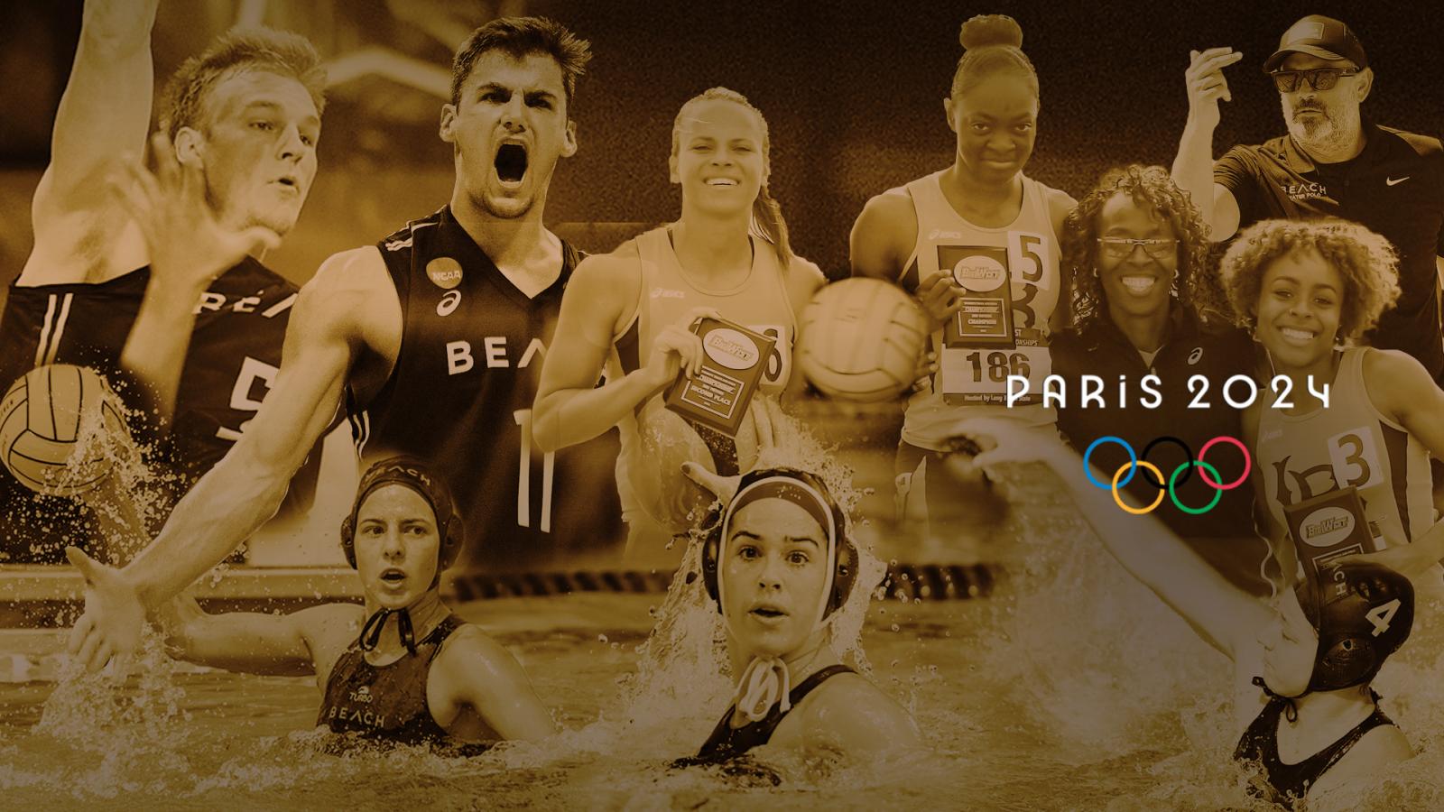 A composite image showing Long Beach State athletes and coaches set to compete in the 2024 Summer Olympics. The phrase "Paris 2024" and the Olympic logo appear in the lower right corner.