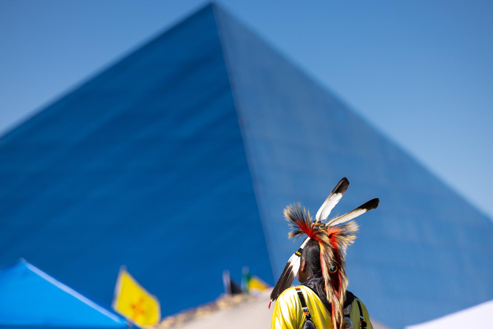 Pow Wow dancer in front of Walter Pyramid